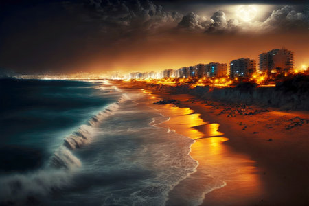 floodlit beaches and city lights on cret e coastline with city generative aiの写真素材