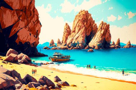 beautiful rocky brown beach in summer holiday season with tourists and boats generative aiの写真素材