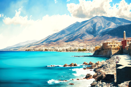 landscape mountainous sea coast in creta with big city generative aiの写真素材