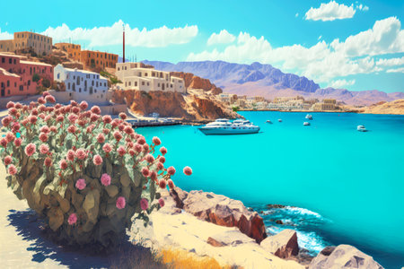 cretan sea coast with big port and beautiful view on rocky cliffs generative aiの写真素材