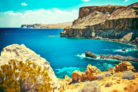 cretan sea coast with big port and beautiful view on rocky cliffs generative aiの写真素材