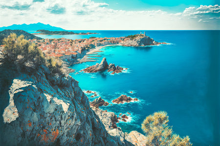 panoramic view of cret coastline with city from high hill generative aiの写真素材