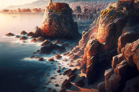 beautiful shoreline with craggy rocks cret coastline with city generative aiの写真素材