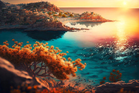 cretan sea with corals and coast at sunset with city generative aiの写真素材