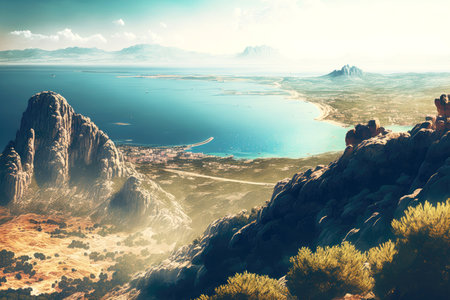 panoramic view from mountain over cretc coastline with city and sea generative aiの写真素材