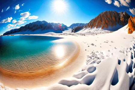 extremely beautiful white sea beach with summer sun and mountains in background generative aiの写真素材
