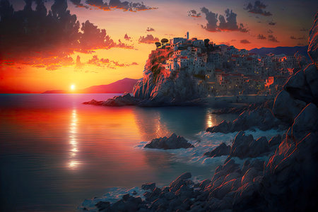 magical sunset over cretan sea and rock coast with city generative ai