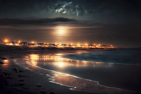 view of coast at night with glow of lights and reflections on water in air generative aiの写真素材