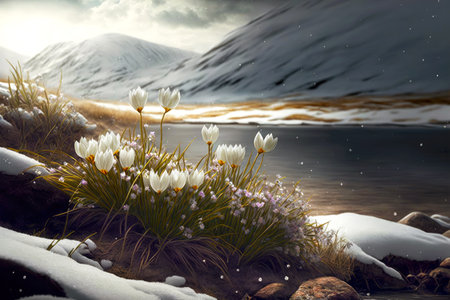 snowy landscape with small white flowers of flowering crocus in natureの写真素材