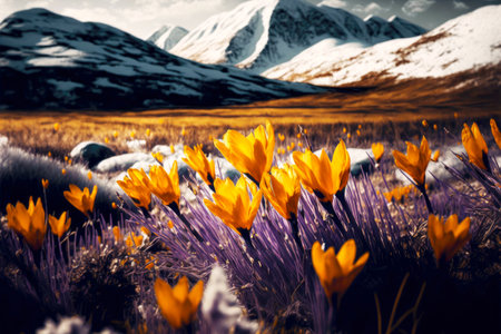 golden spring meadow covered with blooming crocus in natureの写真素材