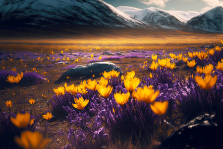 golden spring meadow covered with blooming crocus in natureの写真素材