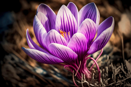 beautiful wild blooming spring flower in form of purple-pinkish crocusの写真素材