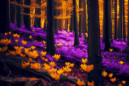 autumn forest with foliage and golden purple crocus in natureの写真素材
