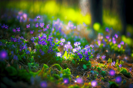 spring flower carpet of small purple flowers on blurred background of forest gladeの写真素材