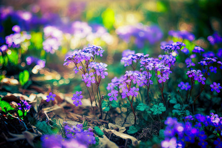 spring flower carpet of small purple flowers on blurred background of forest gladeの写真素材