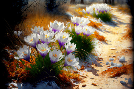 fresh snow-white flowers of spring crocus blooming in clearing by roadの写真素材