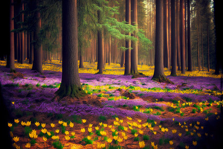 autumn forest clearing with flowering buttercups crocus in natureの写真素材