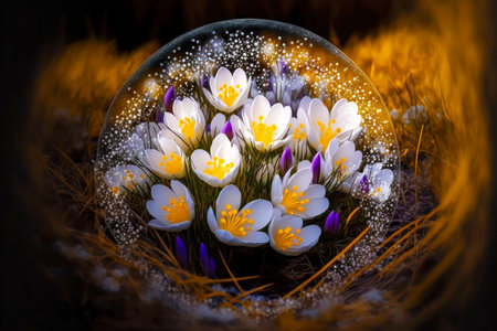 small circle of snow-white flowers in clearing among yellowish grass crocus in natureの写真素材