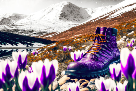 bright purple clear soles at foot of mountain covered with snow and spring crocus in natureの写真素材