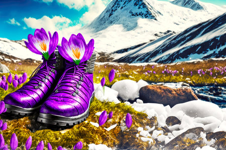 bright purple clear soles at foot of mountain covered with snow and spring crocus in natureの写真素材