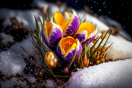 yellow and purple snow coat of blooming crocus in natureの写真素材