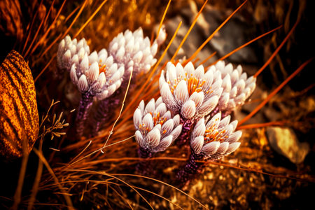 dense thicket of beige small flowers of autumnal crocus in natureの写真素材