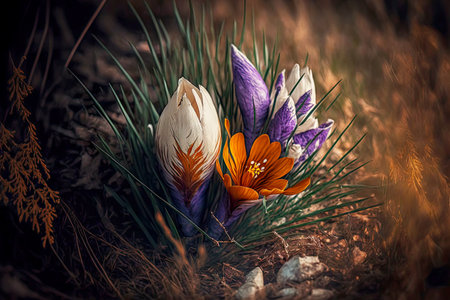 wild blooming crocus in nature among grass and fallen leavesの写真素材