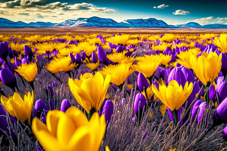 bright yellow field of early spring blooming crocus in natureの写真素材