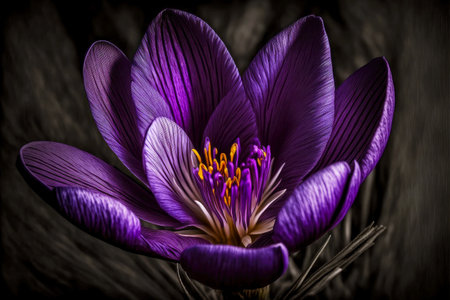 dark purple flower of blooming garden crocus in nature