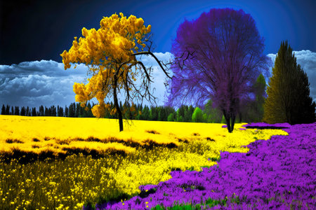 flowering spring meadow with bright yellow and purple cormus in natureの写真素材