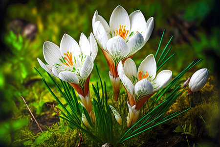 snow-white flowers of spring crocus on green background in natureの写真素材