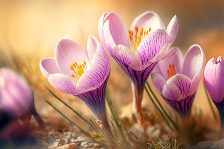 delicate pink flowers blooming in spring, close-up picture of crocus in natureの写真素材