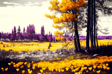 autumn landscape with outline of trees and bright field of yellow blooming crocus in natureの写真素材