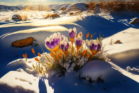 sunny clearing with large blooming snow-covered flowers of crocus in natureの写真素材