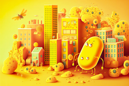 microscopic image of cute bacteria are flying in city on yellow background, generative aiの写真素材