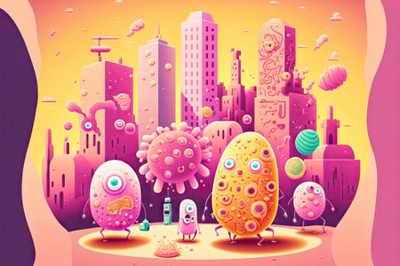 microbes and prokaryotes cute bacteria are flying in city on pink background, generative aiの写真素材