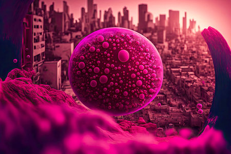microbes in form of bright pink colonies cute bacteria are flying in city, generative ai