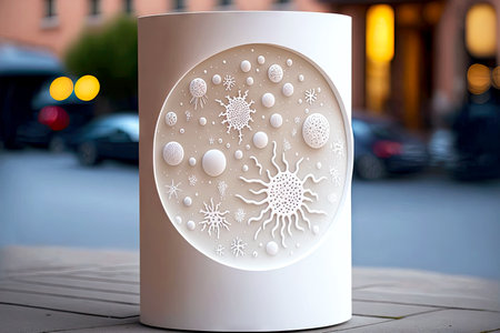 white circle design on pedestal with microbes cute bacteria are flying in city, generative ai