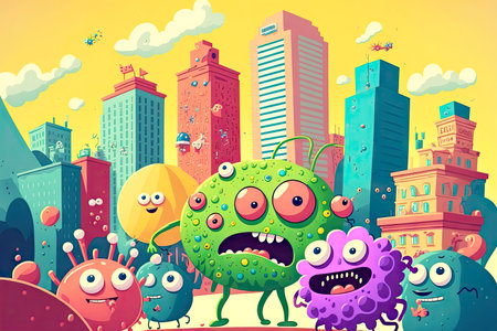 microbes and viruses on panel cartoon cute bacteria are flying in city, generative aiの写真素材