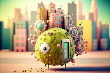 microscopic world of bacteria and virus in cute bacteria are flying in city, generative aiの写真素材