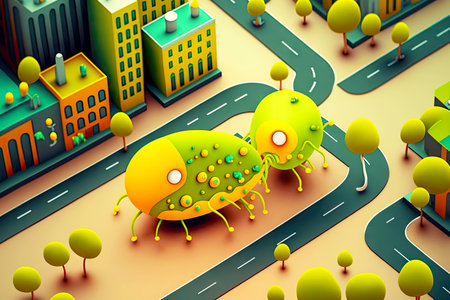 cute bacteria are flying in city yellow or green microbes fly along road, generative aiの写真素材