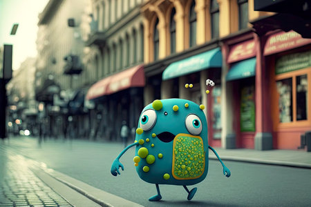 cute bacteria are flying in city scientist walks along street, generative aiの写真素材