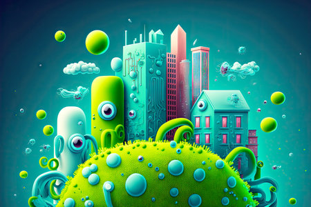 cute bacteria are flying in city big green metal bacterium on blue background, generative aiの写真素材