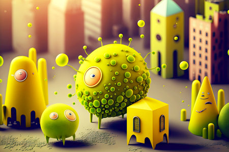 yellow green bacteria cute bacteria are flying in city, generative ai