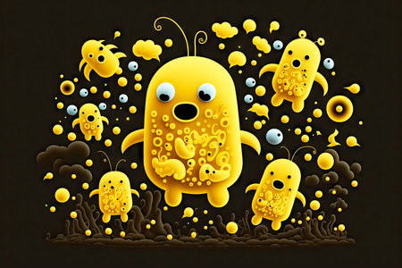 cute bacteria are flying in city yellow microorganisms on black background, generative aiの写真素材