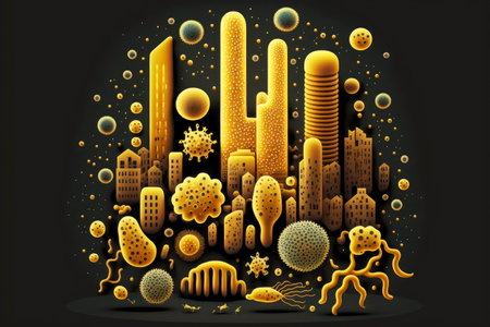 cute bacteria are flying in city yellow microorganisms on black background, generative aiの写真素材