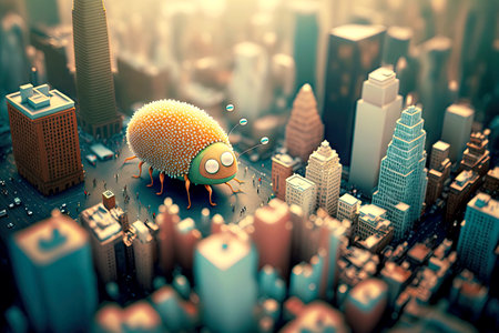 microscopic organism cute bacteria are flying in city, generative aiの写真素材