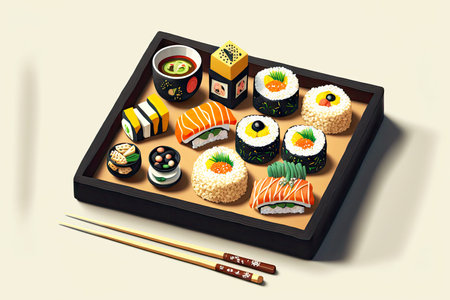 oriental cuisine sushi set with fish and seafood, created with generative aiの素材