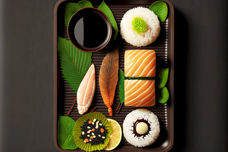 japanese rolls with salmon caviar tobiko seaweed and rice sushi set, created with generative aiの素材