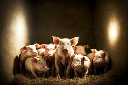 piglets gathered in heap in light warm pig factory6 at pig farm, created with generative aiの素材